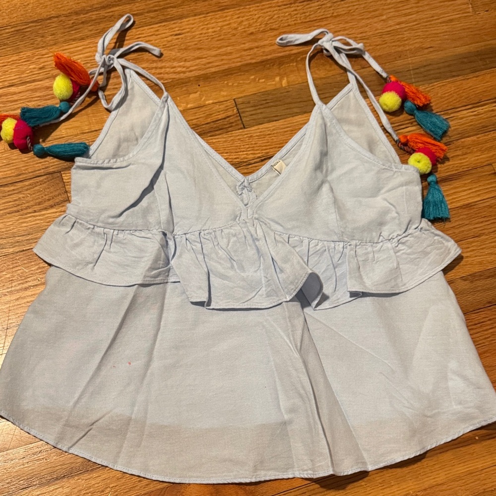 Zara Light Blue Tank Top with Multicolor Tassels